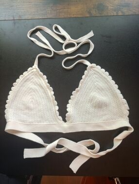 Wild Fable Cream Crochet Triangle Bralette Lightweight Knit Women's Tie Top L